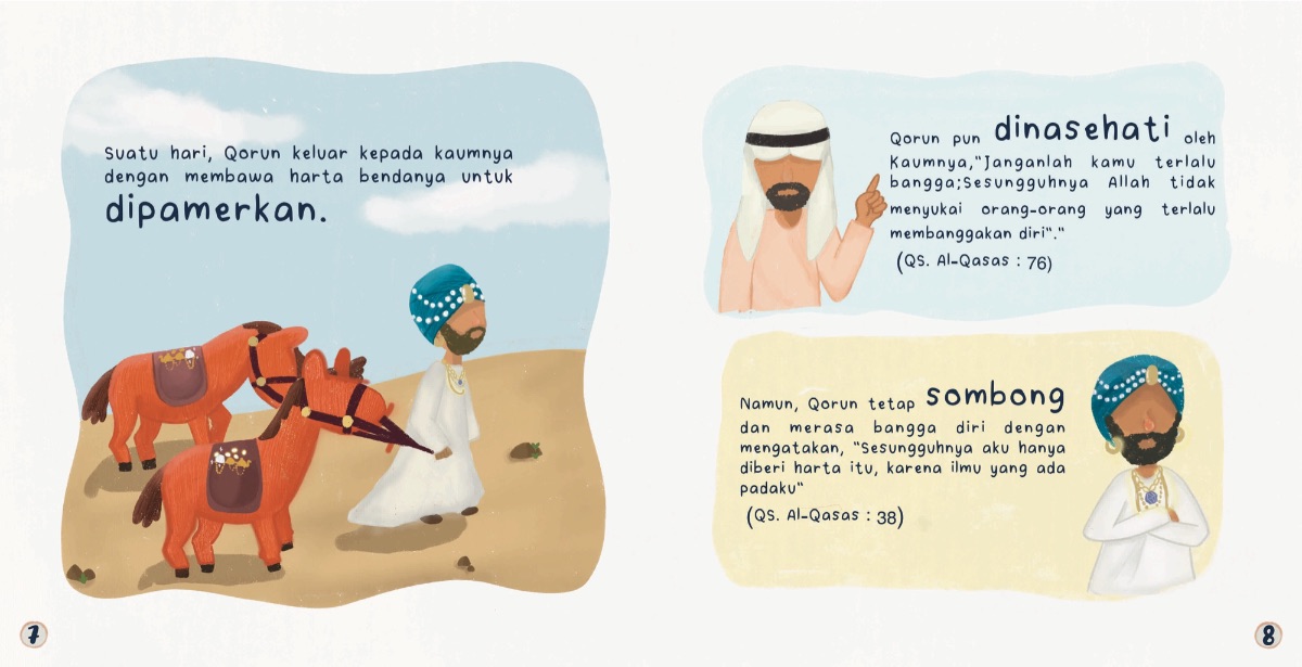 Halaman 7–8: Qorun dinasehati kaumnya, dengan ayat QS. Al-Qasas